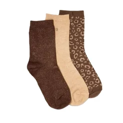 Set de 3 chaussettes fantaisie - Paillettes Léopard Marron Doré